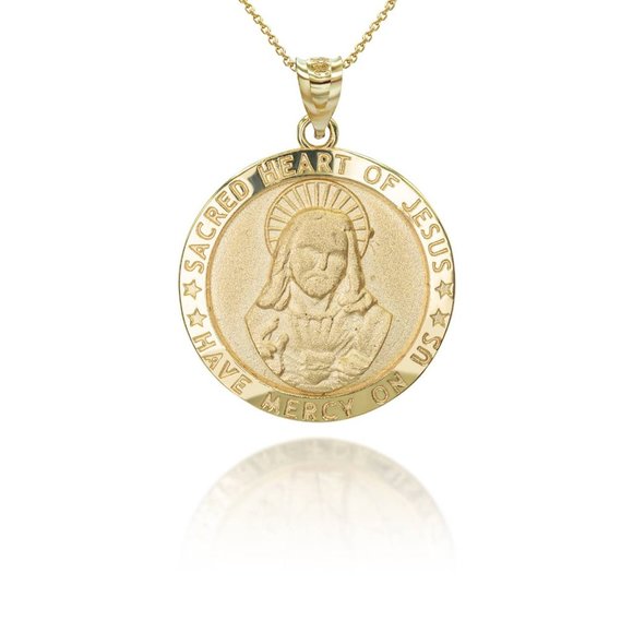 14k Solid Gold Sacred Heart of Jesus Have Mercy on Us Pendant Charm